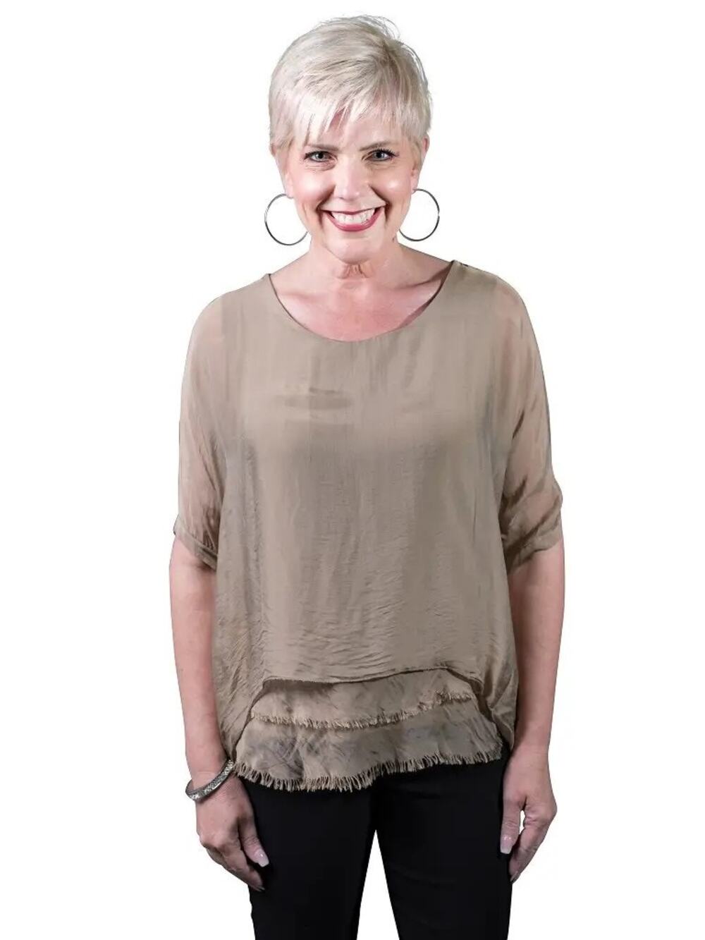 NEW Tina Stephens Adriana Silk Top One Size Black Made in Italy TAUPE